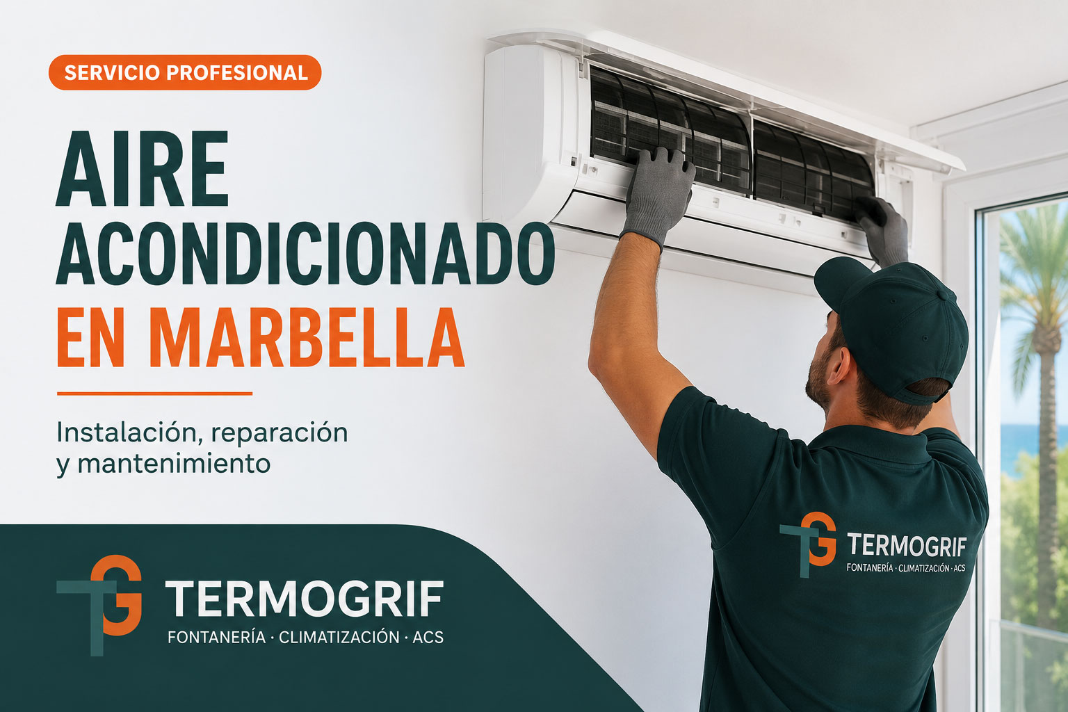 Técnico instalando un equipo de aire acondicionado en una vivienda de Marbella.
